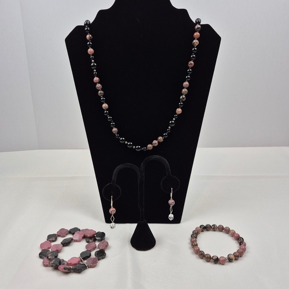 Sterling Silver Rhodonite & Black Onyx Necklace Bracelets Earrings Jewelry Set - Picture 1 of 14